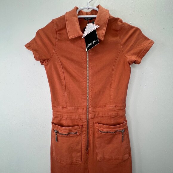 Nasty Gal Flare Jumpsuit Zip Front Denim Coral 2 Short Sleeve Pockets NWT - Picture 2 of 8